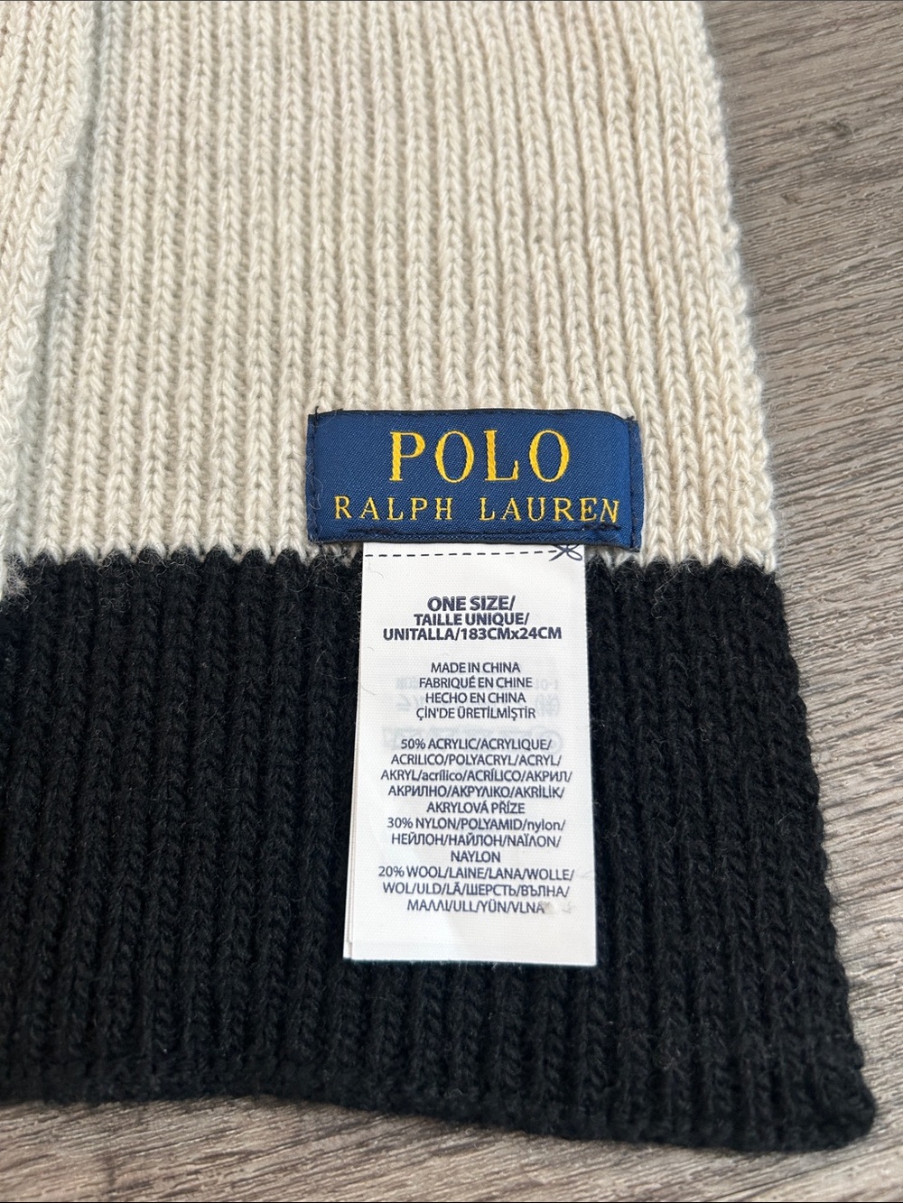 Polo Ralph Lauren Colorblock Knit Scarf Black Ivory One Size Wool Blend - Picture 3 of 6